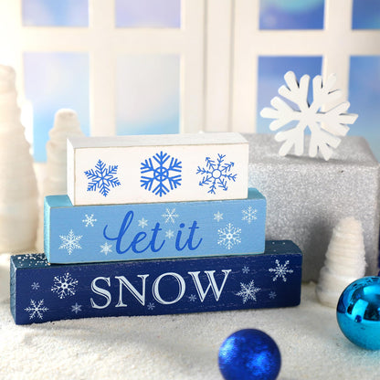 Suzile 4 Pcs Winter Table Decorations Snowflake Tabletop Decor Wooden Winter Tiered Tray Let It Snow Table Topper Centerpiece Tiered Tray for Wonderland Farmhouse Blue Christmas Decorations