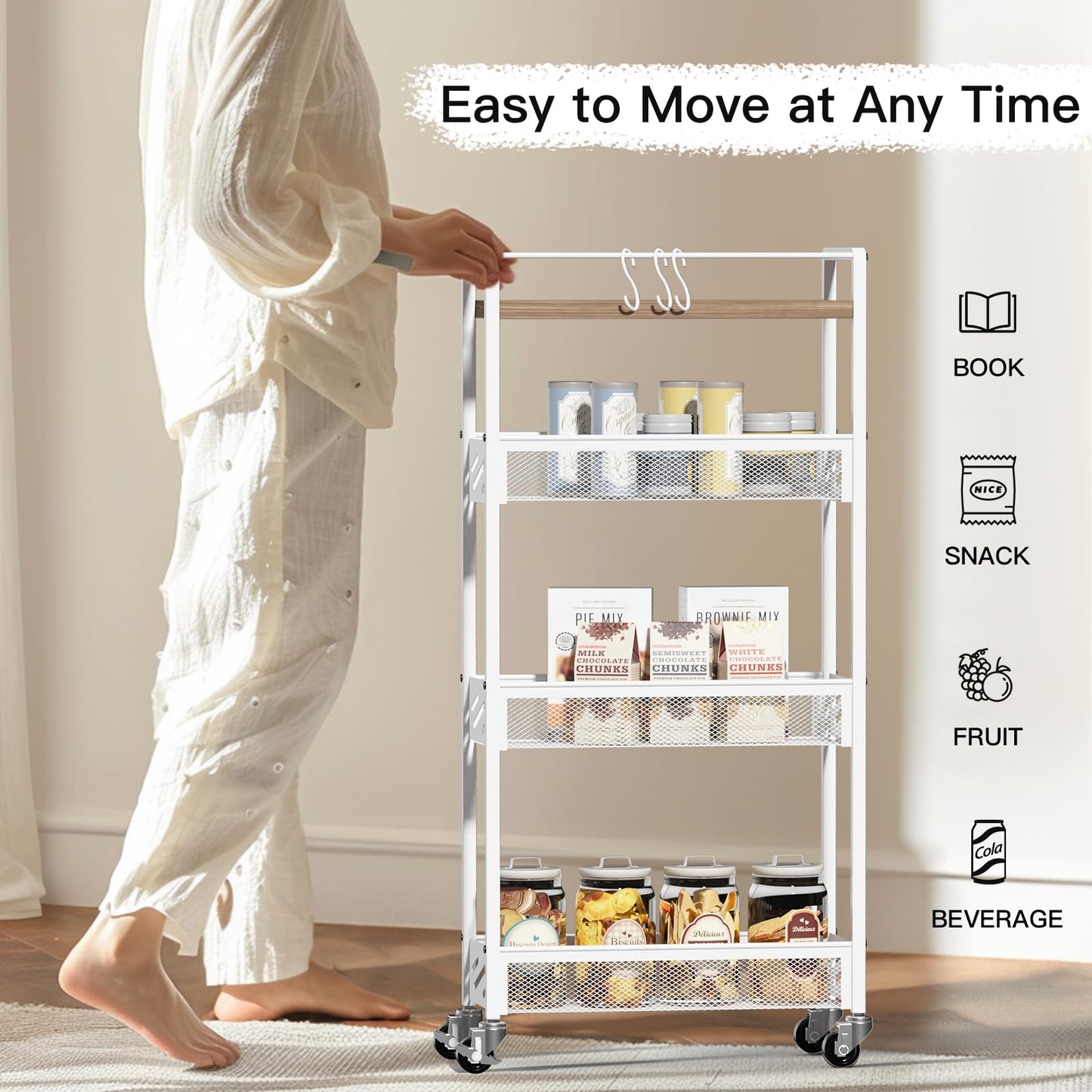DGSNADGO Slim Rolling Storage Cart, 4-Tier Kitchen Cart on Wheels, Narrow Utility Cart with Handle and Wooden Tabletop for Small Space in Kitchen, Living Room, Bathroom, Laundry Room, Beige and White