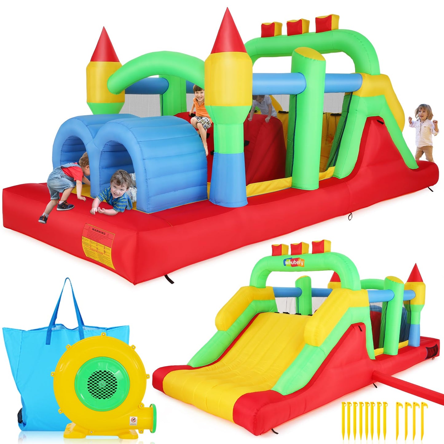 Whubefy 18x8.2FT Giant Inflatable Bounce House Obstacle Course for Big Kids 3-6 8-12 with Extra Large Slide, Racing Crawl Tunnels, Blow Up Race Track Bouncy Castle w/ 680W Blower for Backyard Outdoor