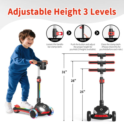 Commugo 3 Wheel Electric Scooter for Kids with LED Lighted Wheels, Balance Scooter for Kids Adjustable Height & Lean-to-Steer, 3-Wheel Foldable Scooter Anti-Slip Deck for Boys & Girls Toddlers