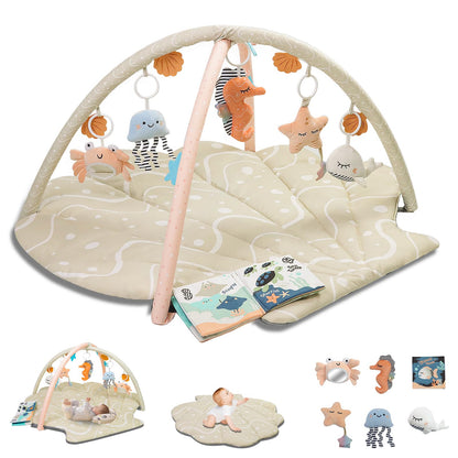 Baby Play Mat, Oversize Shell Tummy Time Mat with 6 Detachable Baby Activity Toys, Baby Gyms & Playmats for Babies 0-6 Months, Baby Essentials Mat for Floor Newborn Baby Shower Gifts (Beige)