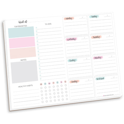 bloom daily planners Horizontal Weekly To Do List Notepad with 60 Undated Sheets - Weekly Desk Planner or Chore Pad with Priorities & Habit Tracker - 8.5” x 11” - Pastel