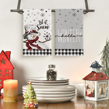 Artoid Mode Buffalo Plaid Snowman Let It Snow Winter Kitchen Towels Dish Towels, 18x26 Inch Daily Seasonal Christmas Decoration Hand Towels Set of 2