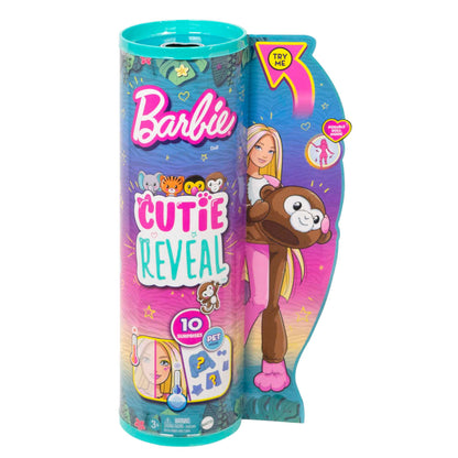 Barbie Cutie Reveal Fashion Doll, Jungle Series Monkey Plush Costume, 10 Surprises Including Mini Pet & Color Change