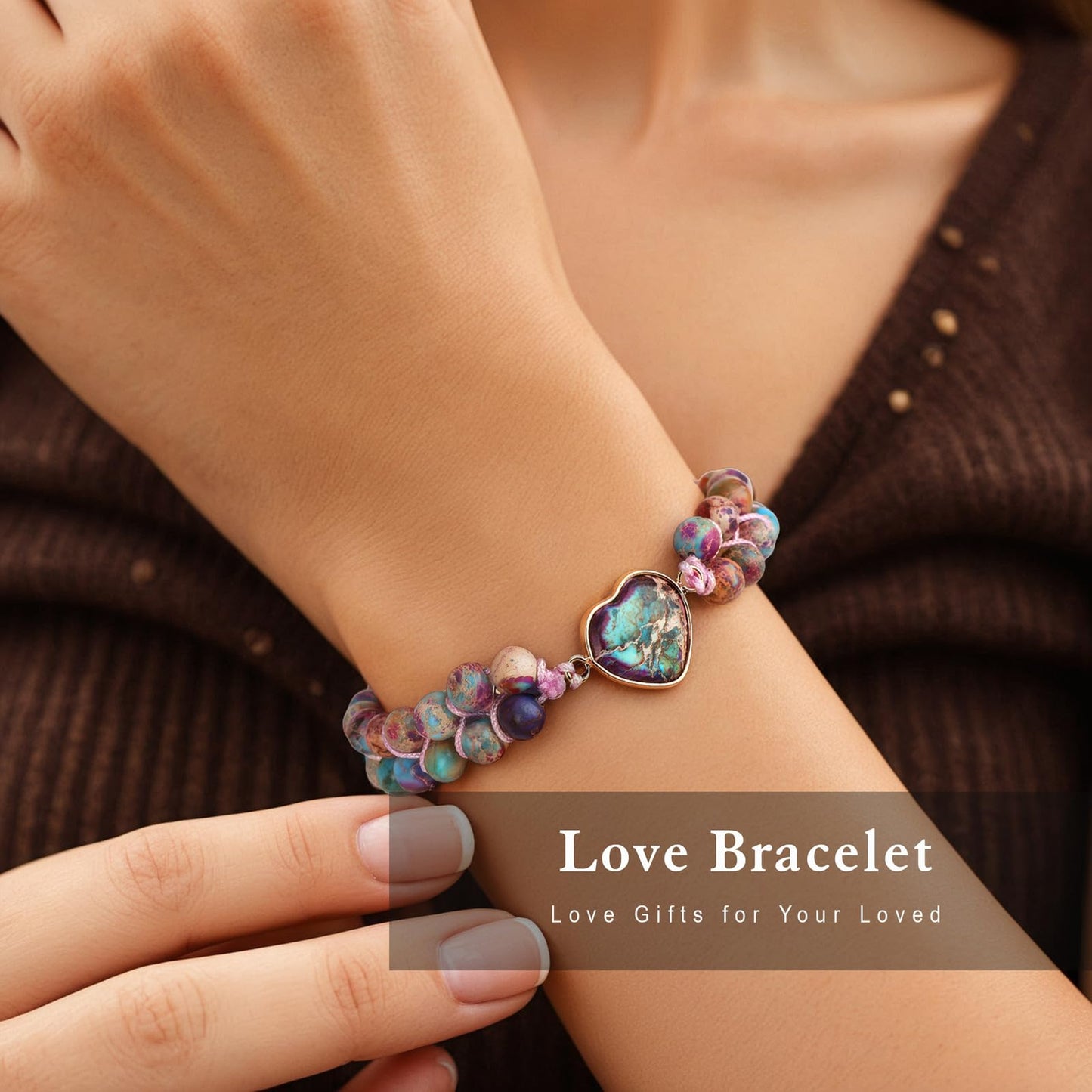Bolinailo Natural Stone Bracelets for Women Crystal Beaded Bracelets Jasper Heart Adjustable Bracelet Imperial Stone Healing Crystal Jewelry Mothers Day Christmas Graduation Gifts for Women Men