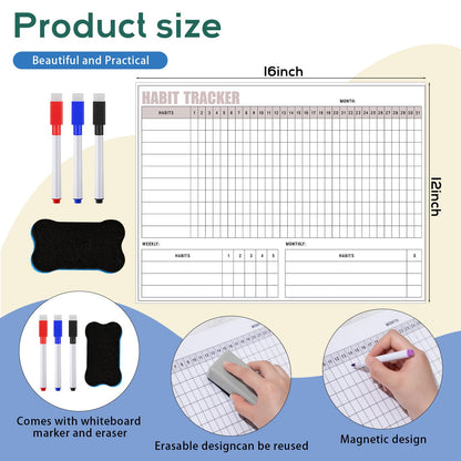 Maitys Habit Tracker for Fridge 12 x 16 Inch Magnetic Workout Tracker Journal Motivation Dry Erase Goal Habit Calendar for Whiteboard with 3 Marker Pens and 1 Eraser