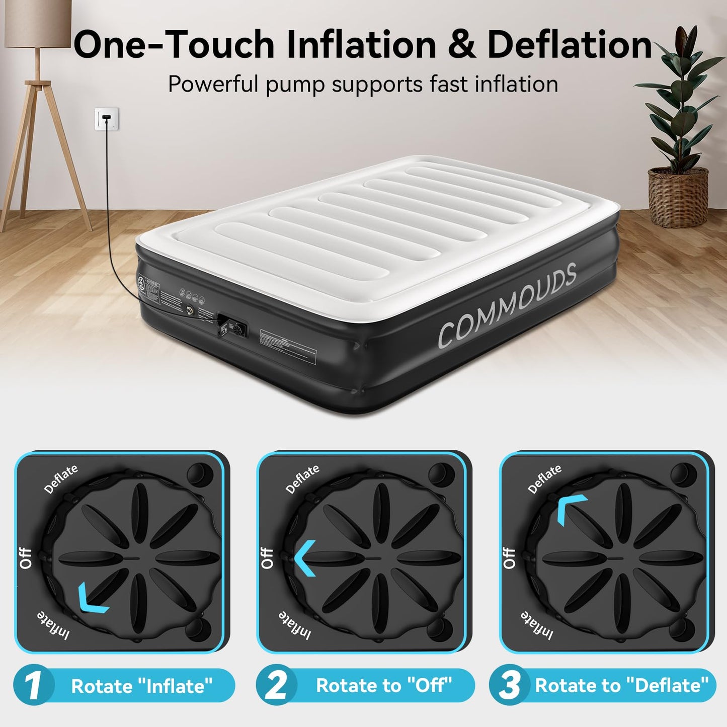 COMMOUDS Queen Air Mattress with Built-in Pump, 18" Raised Blow up Mattress, Comfort Inflatable Mattress with Waterproof Flocked Top, Portable Airbed for Guests, Camping, Home & Travel Use, 660lbs Max