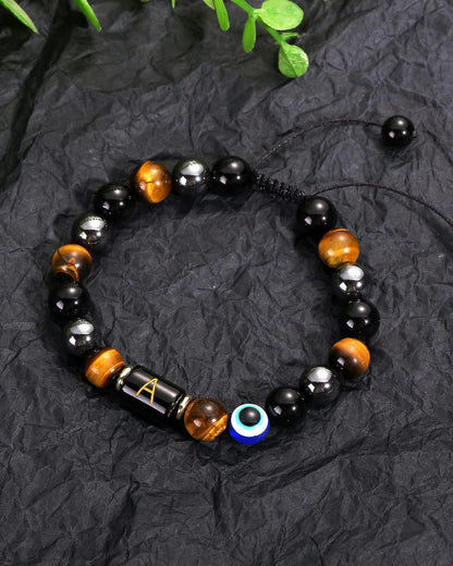 Dayka Initial Triple Protection Bracelet for Men,Black Evil Eye Tiger Eye Hematite Obsidian Good Luck Healing Crystal Stones Mens Bead Bracelet Jewelry Gift (F initial bracelet, Triple Protection)