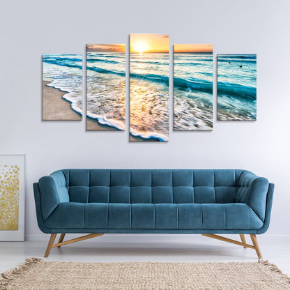 Goldfoilart 5 Pieces Beach Coastal Wall Art Sea Sunset Seascape Pictures Ocean Photography Canvas Large Horizontal Landscape Multi Framed Artwork for Bedroom Living Room Bathroom Wall Decor