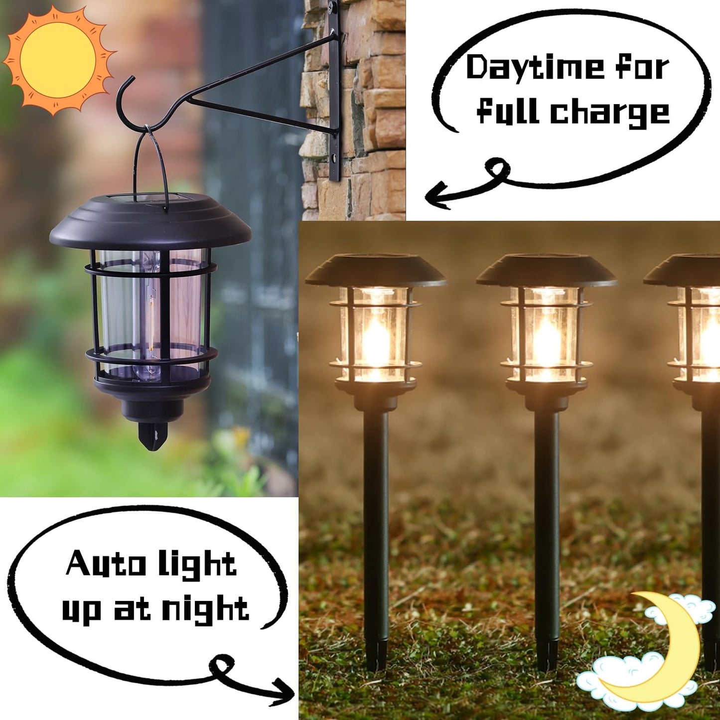 Dynaming 6 Pack Dual Use Solar Path Lights Outdoor, Hanging Lantern Solar Garden Lights with Edison Bulb, Landscape Lighting, Waterproof & Auto On/Off for Patio Pathway Walkway Driveway, Warm White