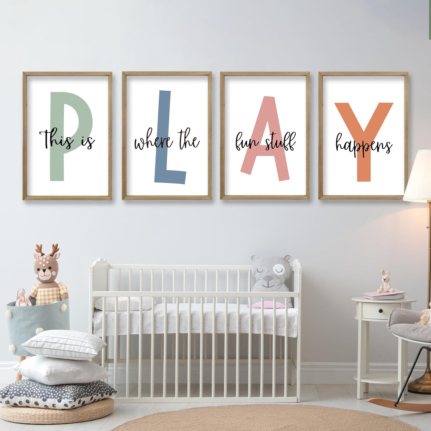 This Is Where The Fun Stuff Happens Kids Playroom Wall Art 11x16 Inch Set Of 4 Rustic Kids Wood Framed Boy Sign Toddler Modren Nursery Interesting Let's Play Prints Wall Hang Decor (Wood)