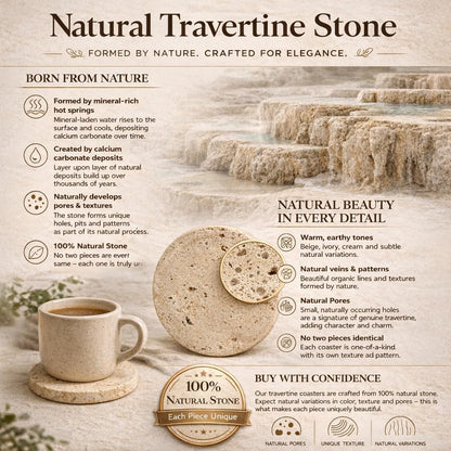 Travetine Round Marble Coasters Set of 6 with Holder, 3.5 Inch Drink Coasters for Tabletop and Coffee Table Decor