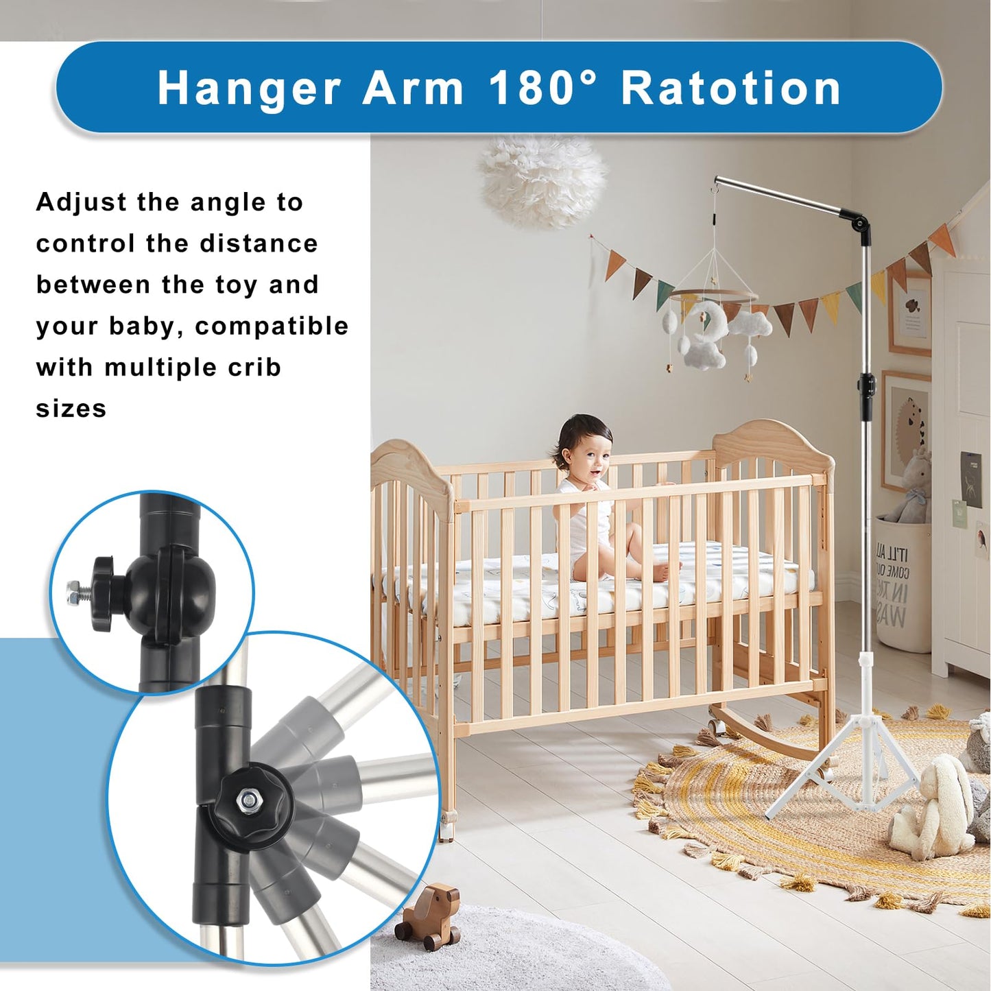 Quynhni Baby Crib Mobile Arm,Mobile Hanger for Crib 56-78" Adjustable Height Top Can Rotate 180° Suitable for Baby Girls Boys Stainless Steel Material Sturdy and Stable Base