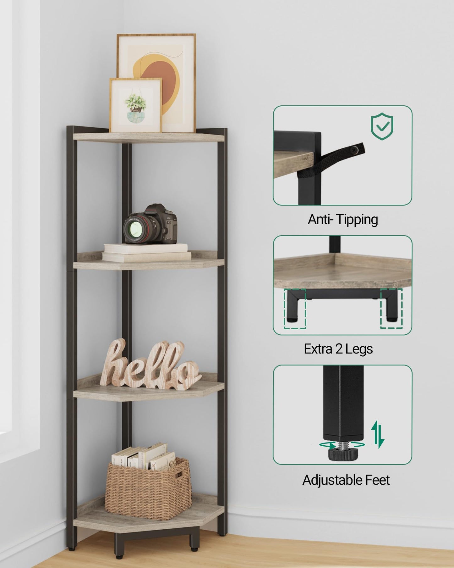Hzuaneri Corner Shelf Stand, Corner Bookshelf, Storage Standing Shelf Unit with Metal Frame, Plant Stand, Bookcase for Living Room, Home Office, Bedroom, 4-Tier Greige CS05805B