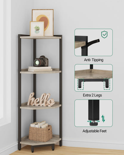 Hzuaneri Corner Shelf Stand, Corner Bookshelf, Storage Standing Shelf Unit with Metal Frame, Plant Stand, Bookcase for Living Room, Home Office, Bedroom, 4-Tier Greige CS05805B