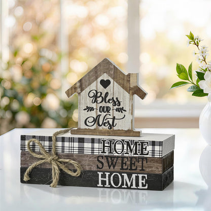Smile Farmhouse Wooden Tabletop Decor Rustic Home Sweet Home Table Centerpiece, Block Sign Tiered Tray Decoration for Kitchen Shelves Desk Mantel