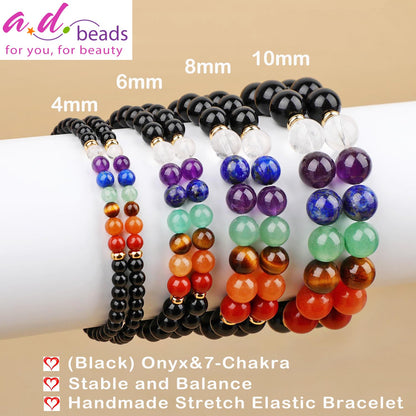 AD Beads Handmade Gemstone Stretch Elastic Bracelet Crystal Healing Reiki Nature's Beauty and Spiritual Essence Unisex (6mm, Onyx & 7-Chakra (Stable and Balance))