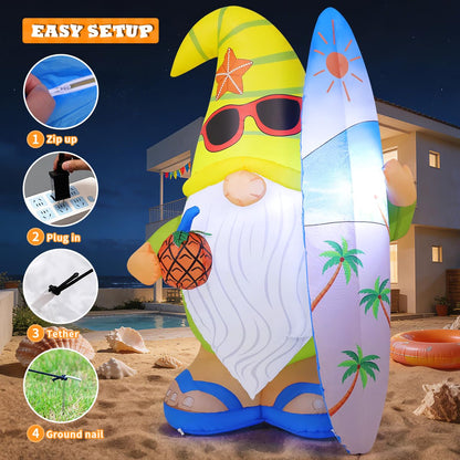 GOOSH 5.2 FT Summer Inflatables Hawaii Gnome Decorations Outdoor Blow Up Yard with Surfboard&Pineapple Built-in LEDs for Garden Lawn Indoor Party Beach Decor