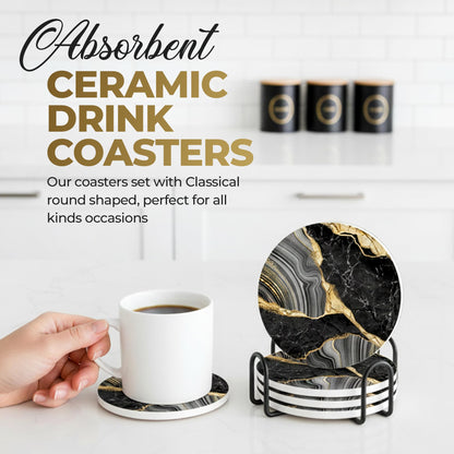 Elegant Black & Gold Marble Ceramic Coasters - Set of 4 with Black Metal Holder - Round Drink Coasters for Coffee, Tea, Whiskey, Wine - Stylish Home & Kitchen Decor