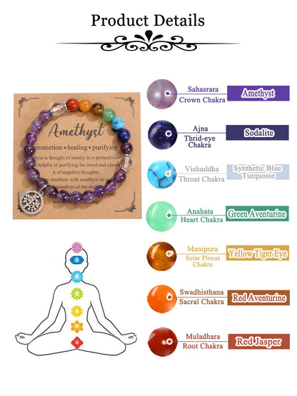 MANIFO Amethyst Chakra Crystals Bracelet for Women Healing Crystal Bracelet Natural Gemstone Beaded Bracelets with Life Tree Charm Jewellery Valentines Christmas Gifts