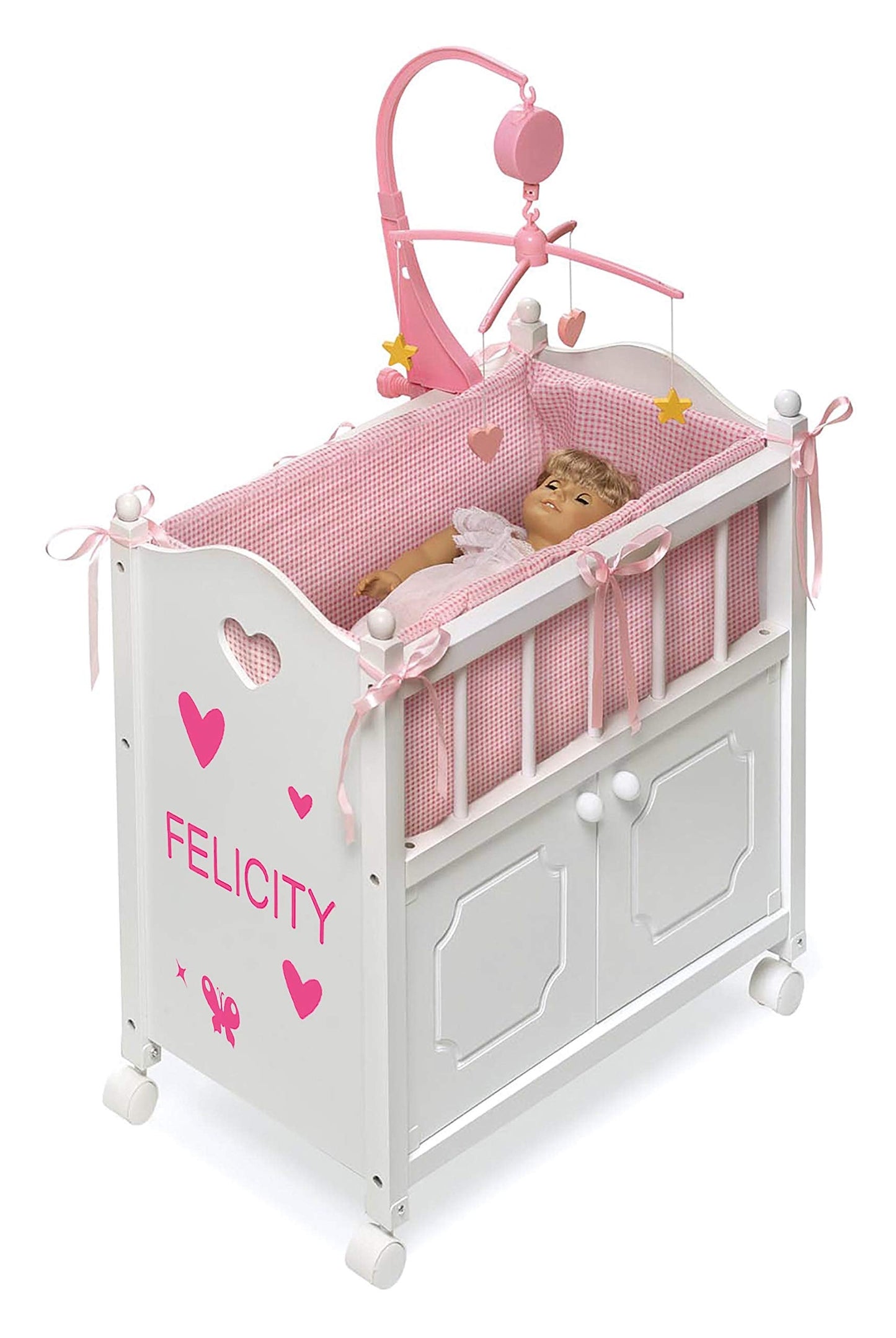 Badger Basket Wooden Toy Doll Bed with Storage, Mobile, and Bedding to Pretend and Play - Includes Wheels and Free Personalization Kit - White with Pink Gingham Fabric