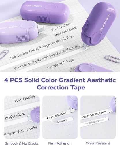 Four Candies Purple School Supplies, Gel Pens with Black Ink,Correction Tapes,Pastel Highlighters, Mechanical Pencils, Sticky Notes, Index Post for Bible Study Stationary College Essentials