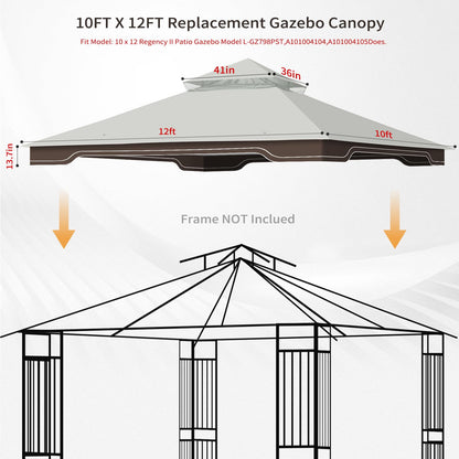Replacement Gazebo Canopy, 10 x 12 FT Durable Outdoor Roof Cover – Fits Regency II Patio Gazebo L-GZ798PST, A101004104, A101004105 (Light Gray)