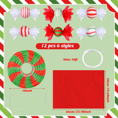 Riakrum 12 Pcs Christmas Candy Paper Lanterns 10 Inch Red Green White Christmas Hanging Paper Lantern Decorations Craft Sets for Xmas Party Supplies Indoor Outdoor Decor