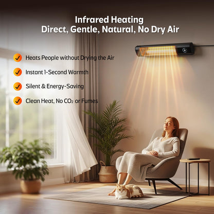 Wall-Mounted Electric Patio Heater, 34" 1500W Infrared Heater With Motion Sensor, IPX5 Waterproof, 9 Heat Level & 9H Timer, Indoor & Outdoor Heaters for Patio, Backyard, Garage, and Decks