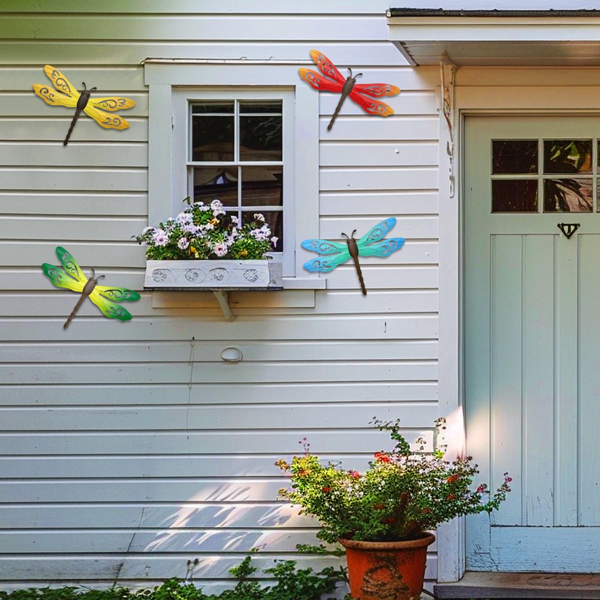 Metal Dragonfly Wall Decor, 4 Pack 14inch Metal Dragonfly Wall Hanging Sculpture Decor for Outdoor, Yard Patio Fence Garden Outside Decorations