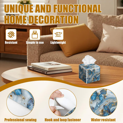 Blue Butterfly Tissue Box Cover 2PCS, Marble Leather Tissue Box Holder Square Facial Paper Case Tissue Box Cube Organizer for Bathroom Bedroom Desk Office