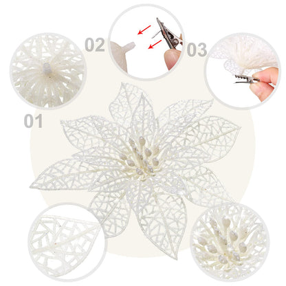 Boao White 24 Pieces Poinsettia Flower Christmas Glitter Artificial Poinsettia with Clips Christmas Tree Ornament Decorations for DIY Xmas Wreath Holiday Home Party Decor, 3/4/6 Inches