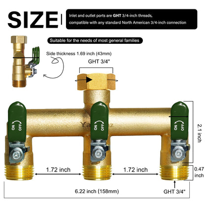 Yayamz Heavy-Duty Brass Garden Hose Divider - 3/4-inch GHT Threaded Tee with Shut-Off Valve, Water Flow Divider for High-Pressure and High-Flow Faucet Adapter, Metal Handle with Green Rubber