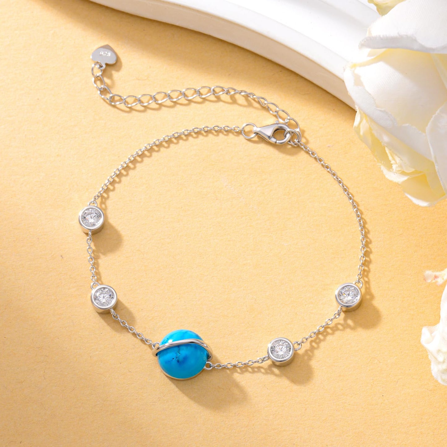 SELKAT 925 Sterling Silver Turquoise Bracelet for Women - Adjustable Chain Design, Thoughtful Gift for Mom & Wife on Birthday, Mother’s Day and Anniversary (Style 1)