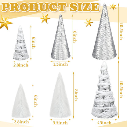 Kigley 6 Pcs White Feather Christmas Cone Tree 10.5" 8" 6" Cone Pedestal Decor Silver Sequins Christmas Tree Table Decorations Xmas Table Centerpiece Farmhouse Xmas Home Winter Holiday Tabletop Decor