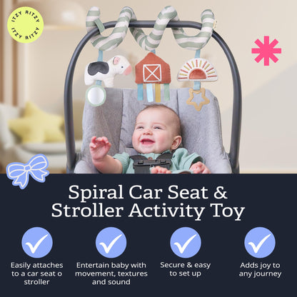Itzy Ritzy Spiral Car Seat & Stroller Activity Toy - Stroller & Car Seat Toys for Ages 0 Months and Up - Hanging Toys Include Dangling Ring, Mirror and Textured Ribbons (Farm)