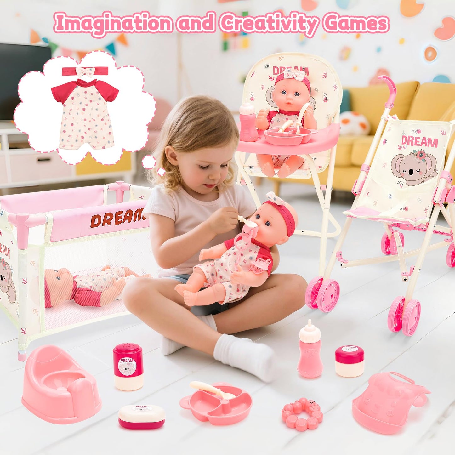 deAO Baby Doll Stroller Toys with 12" Baby Doll Accessories Crib Bed High Chair Nursery Role Play Set Play Mat,Travel Cot,Bouncer,Foldable Stroller,Travel Bag, Birthday Gifts for Toddlers Girls Boys