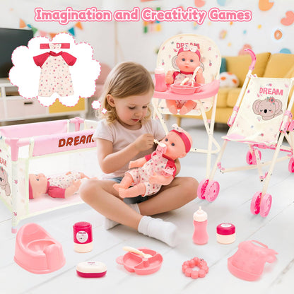 deAO Baby Doll Stroller Toys with 12" Baby Doll Accessories Crib Bed High Chair Nursery Role Play Set Play Mat,Travel Cot,Bouncer,Foldable Stroller,Travel Bag, Birthday Gifts for Toddlers Girls Boys