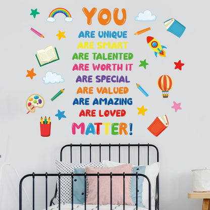 Kids Affirmation Wall Decals, Positive Motivational Wall Stickers “You are Unique Smart Talented Loved”, Peel and Stick Vinyl Decor for Kids Room, Classroom, Playroom, Nursery
