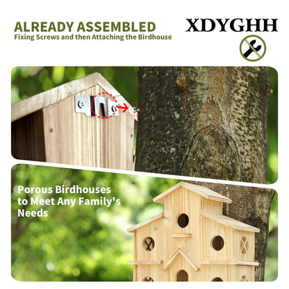 Bird Houses for Outside, Wooden 6 Hole Birdhouse Room for 6 Birds Families, Bluebird Finch Outdoor Hanging Bird House for Garden Backyard Patio