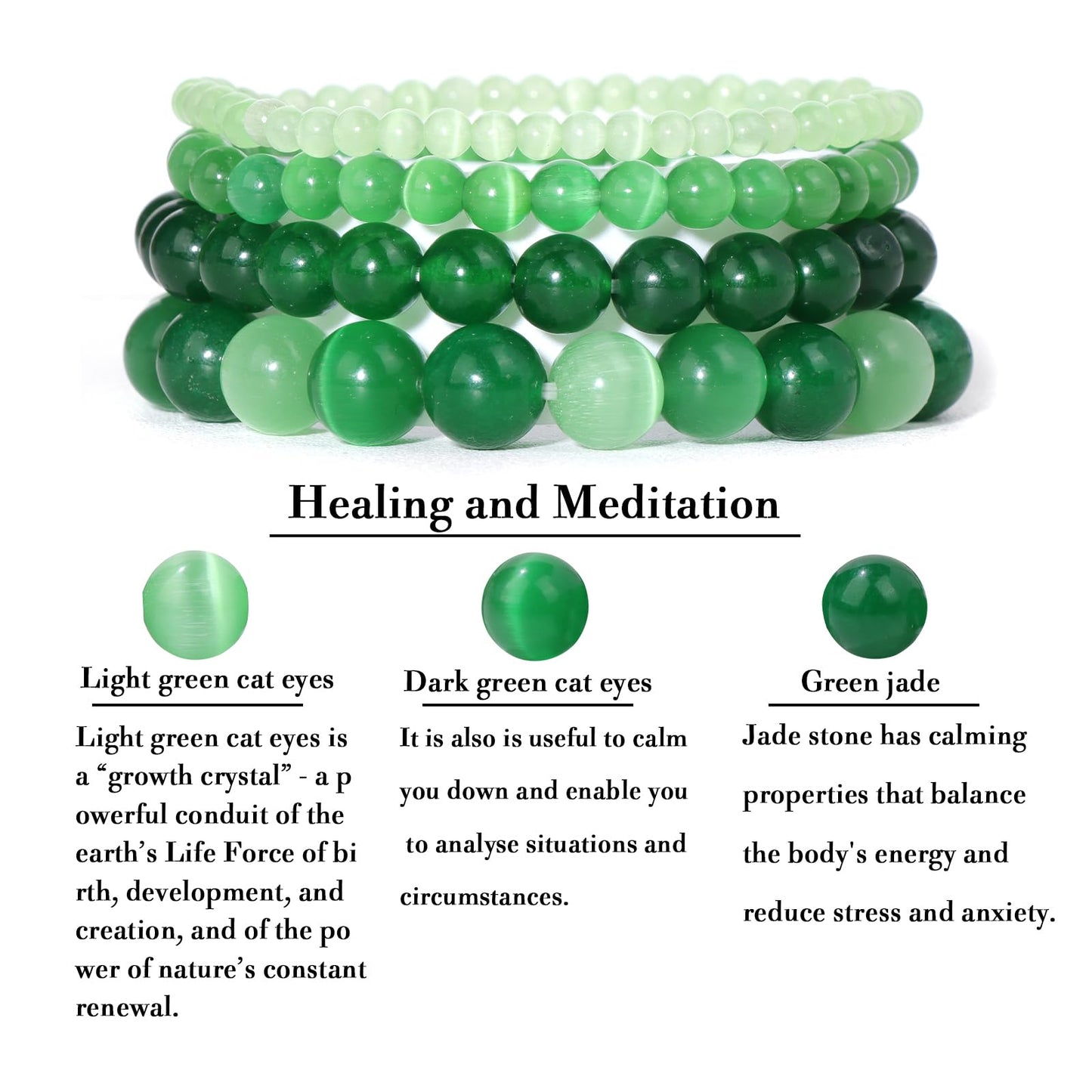 Vinswet 4pcs Natural Stone Beaded Bracelets for Women Men,Healing Crystal Gemstones Stretch Bracelet,4mm 6mm 8mm 10mm Green jade Light Dark green cat eyes Anxiety Stress Relief Bracelet Jewelry Gifts