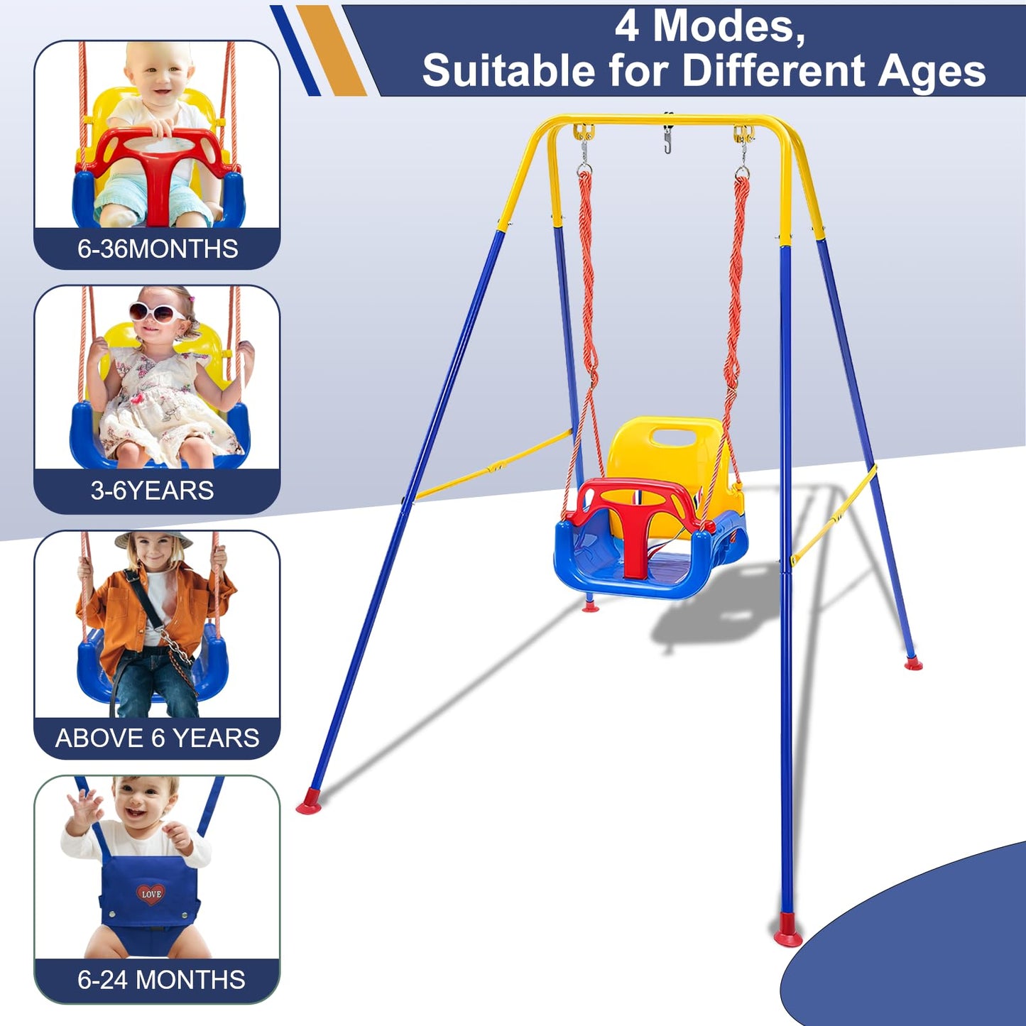 Toddler Swing Set, 3-in-1 Baby Swing Outdoor/Indoor, Toddler Swing&Jumper with Foldable Metal Stand, Baby Swing Outdoor for Aged 6 Months to 10 Years Old