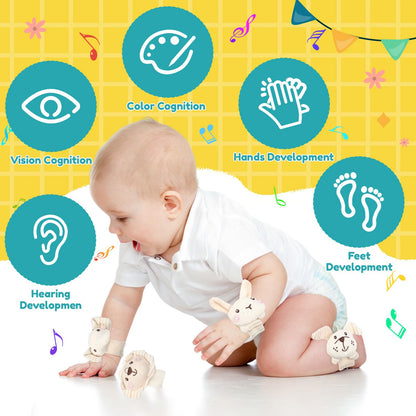 Wovnet 4 Pieces Baby Wrist Rattles Animal Pattern Newborn Rattle Foot Rattles Toy for Babies Boy Girl Infant Birthday Gifts Educational Toys, 4 Designs (Rabbit Dog Lion Elephant)