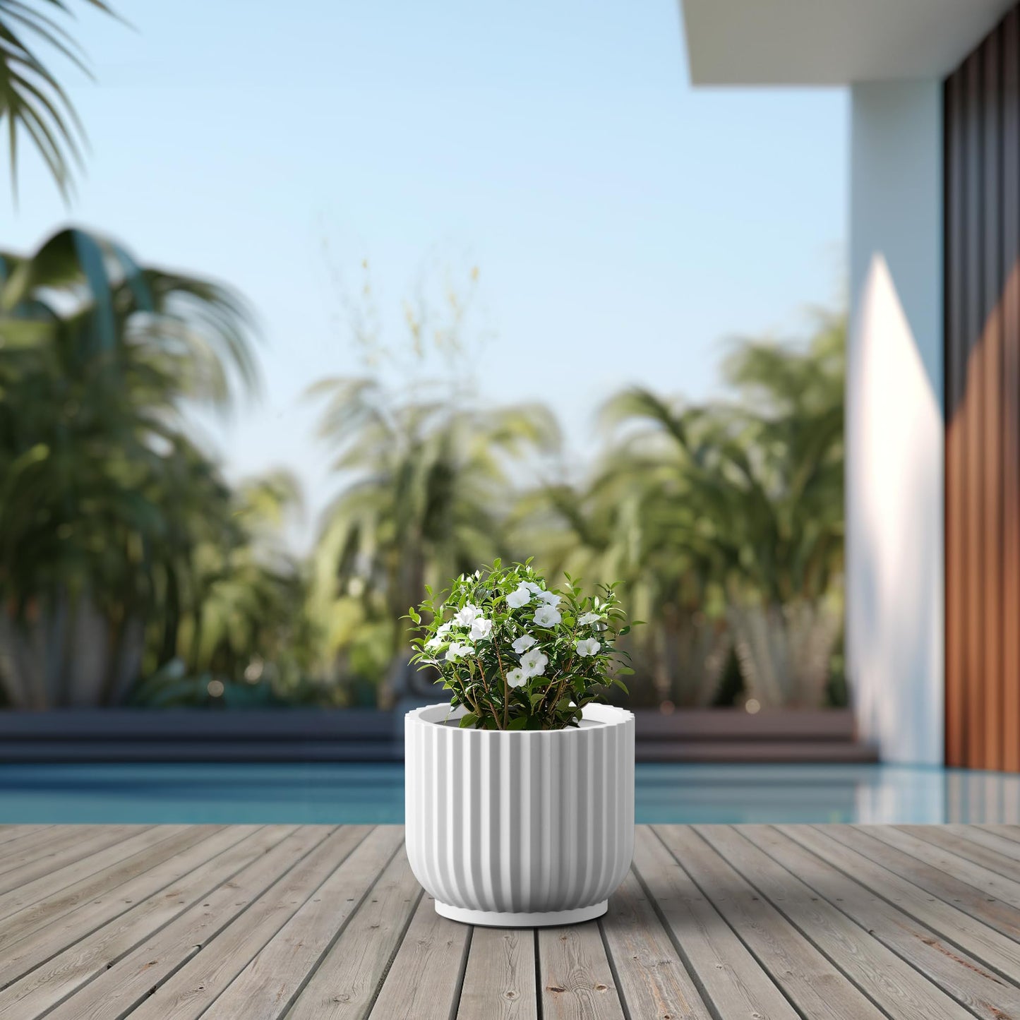 Kante Round Fulted Planter, 11 Inch Dia Large Concrete Plant Pots with Drainage Hole and Rubber Plug, Modern Decor for Indoor Outdoor Plants, Flower, White