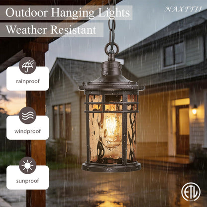 NAXTTII Outdoor Hanging Lantern Light Dusk to Dawn Hanging Porch Light Anti-Rust Aluminum Outdoor Chandelier for Front Door Gazebo E26 Socket Oil Rubbed Bronze Finish