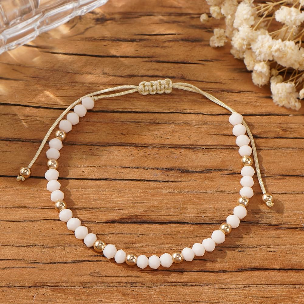 Opalencian Gold Plated Beaded Drawstring Adjustable Bracelet for Women, White Beads Bracelets Charm Couple Handmade Fashion Jewelry Gift