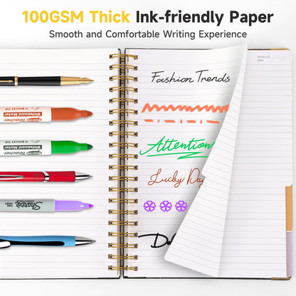 Huhuhero 5 Subject Notebook, 240 Pages Lined Spiral Journal College Ruled, 7.6" x 10.5” B5 Hardcover Journaling Notebooks for Work Note Taking, College School Supplies, Black
