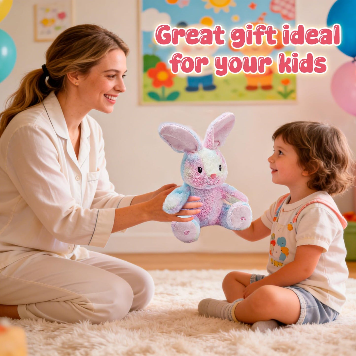 Glow Guards 10'' Light up Peek-a-Boo Bunny Stuffed Animal, Singing Rainbow Bunny Stuffed Toy, Animated Interactive Rabbit Plush Toys Easter Birthday Gifts for Baby Toddlers Girls Boys