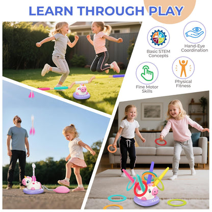 3 in 1 Unicorn Rocket Launcher, Ring Toss & Musical Jump, Outdoor Jumping Spinning Toy for Kids Ages 3-8, Indoor Active Play Set for Boys Girls, STEM Learning Birthday Gift for 3 4 5 6 7 8 Years Old