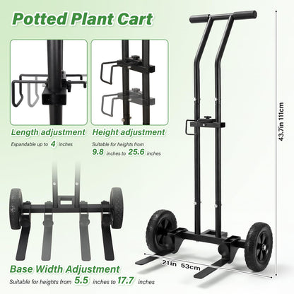 Adjustable Plant Caddy with Wheels, Heavy Duty Plant Dolly Cart w/Grab Arm and Strap Dual Protection, Garden Potted Plant Mover Dolly for Planter Flower Pots Indoor Outdoor, Supports 175lbs, Black